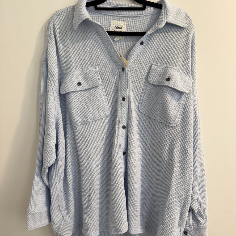 NWT Aerie Oversized Waffle Knit Button-Up Shirt Light Blue